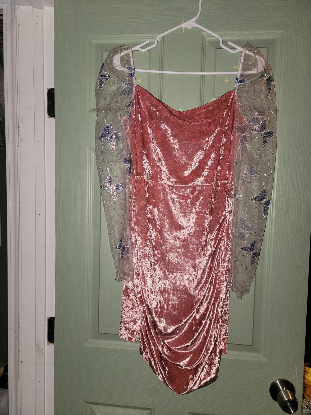 SHEIN Rose-Pink Crushed Velvet Midi Dress with Sheer Embroidered Sleeves